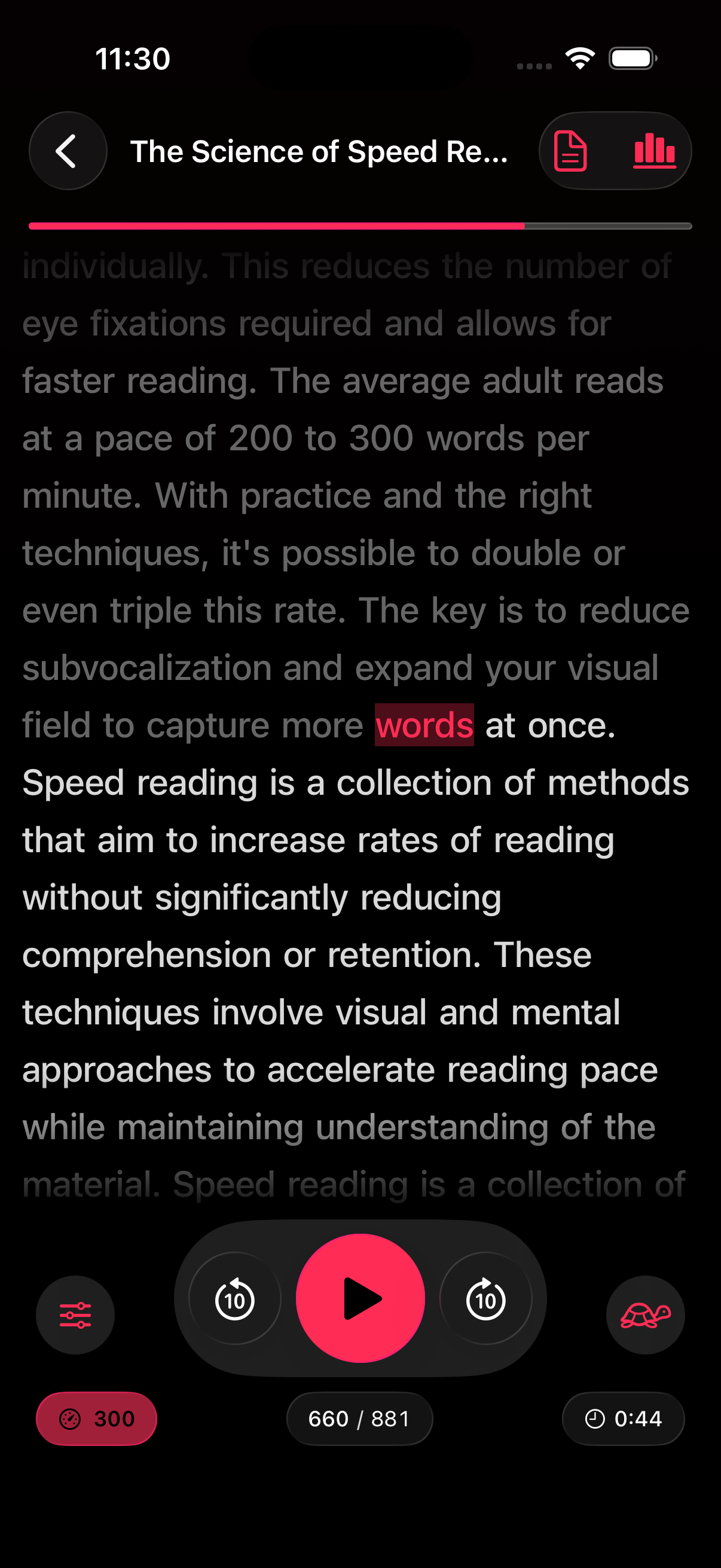 RSVP Reader flow reading screen with a highlighted word inside a paragraph.