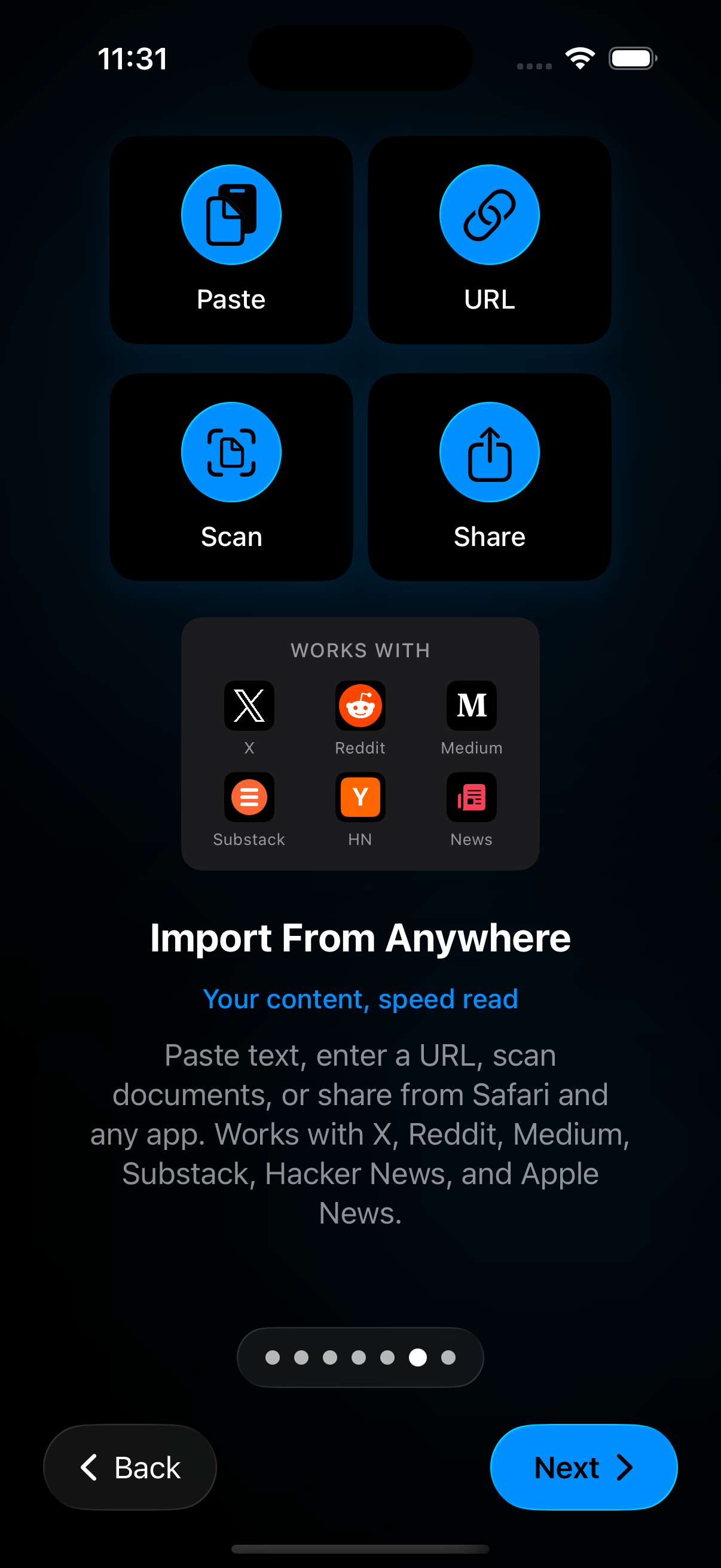 RSVP Reader import hub showing paste, URL, scan, and share options.