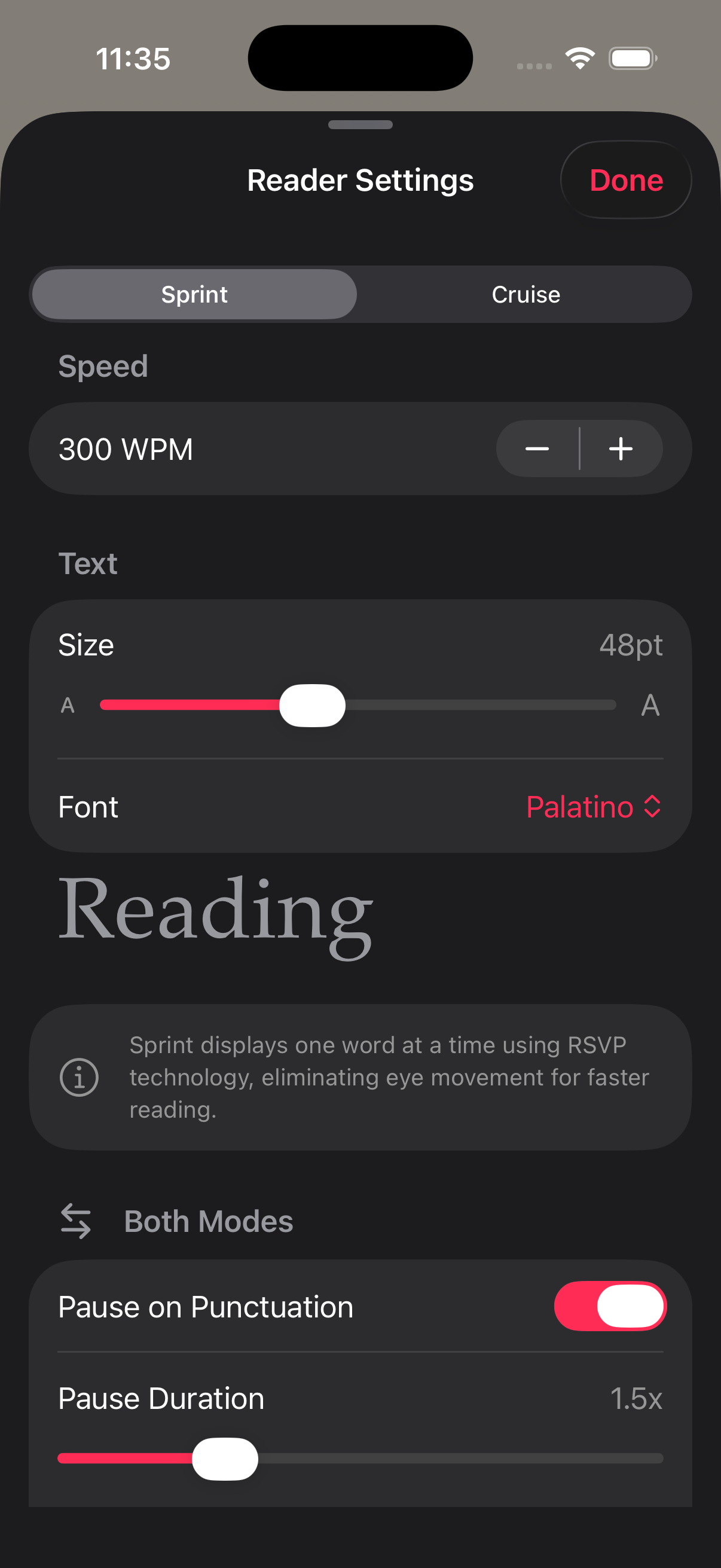 RSVP Reader settings screen with speed, font, and pause controls.