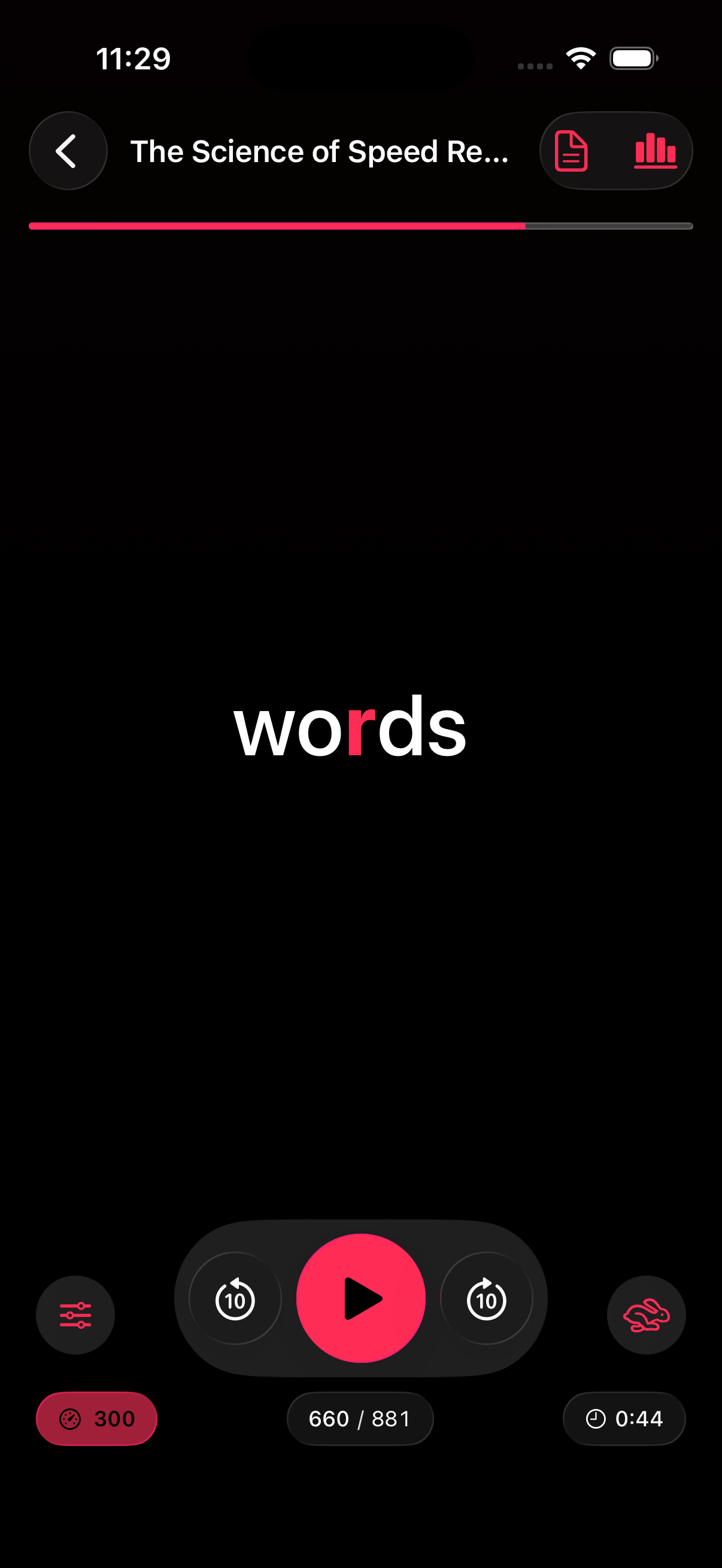 RSVP Reader single-word mode with central playback controls.