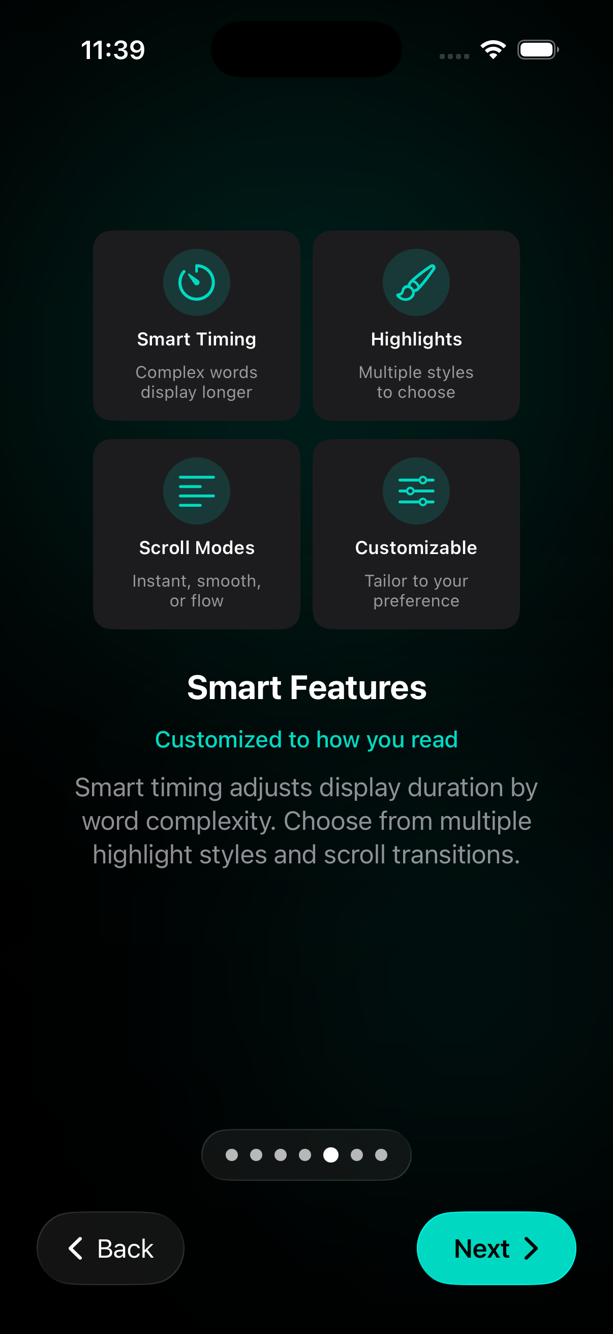 RSVP Reader feature preview showing smart timing, highlights, scroll modes, and customization.