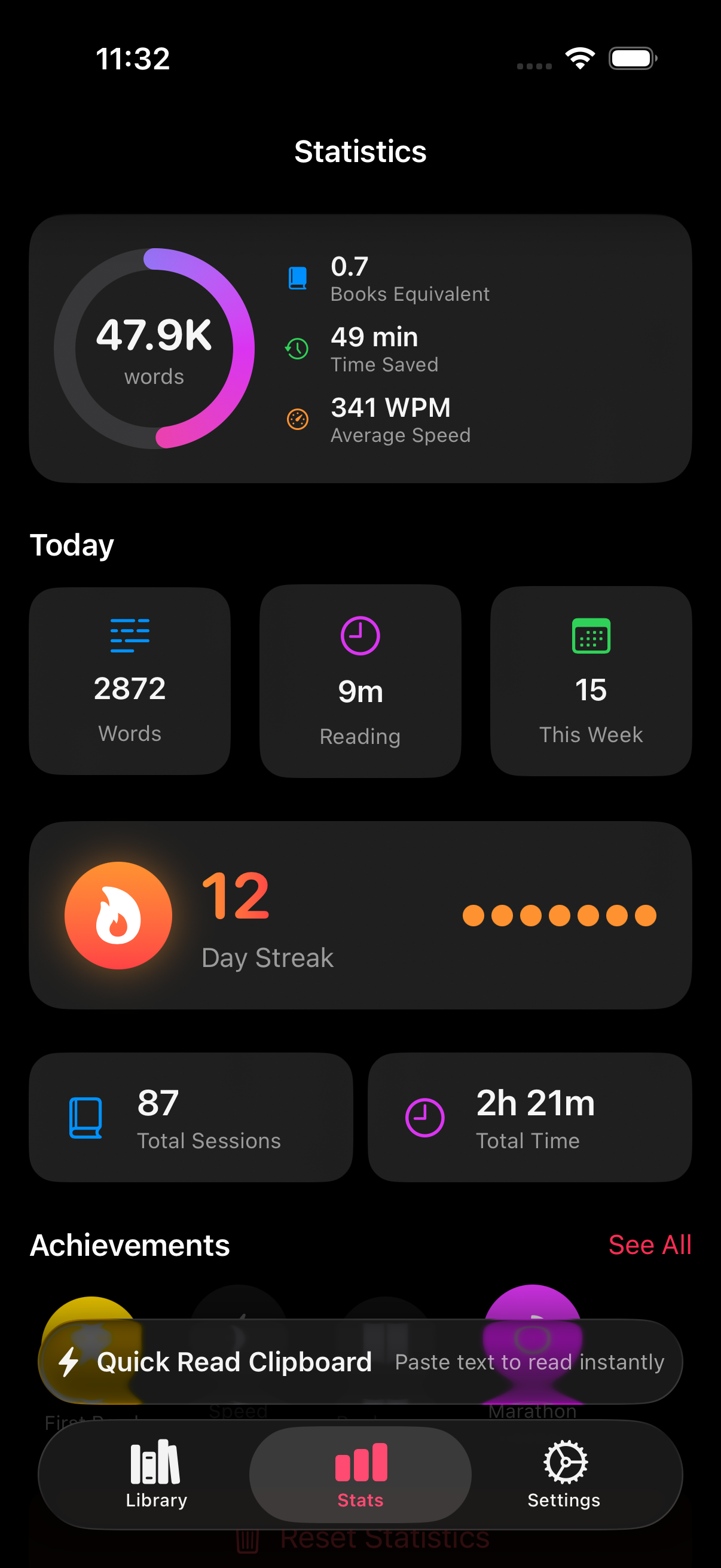 RSVP Reader statistics screen with words read, reading time, and streak cards.